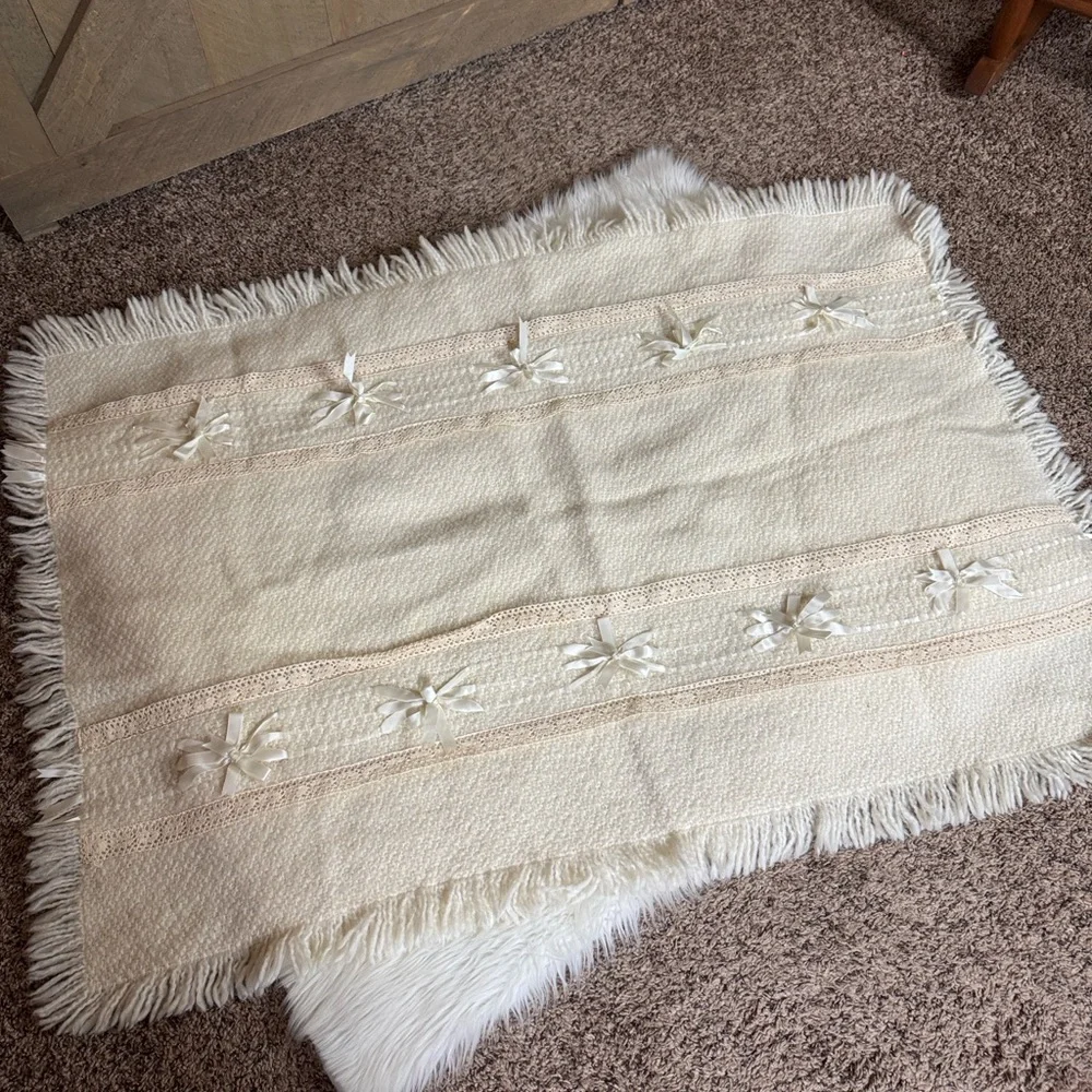 Irish baby blanket by Branigan Weavers Cream color with lace and satin bows